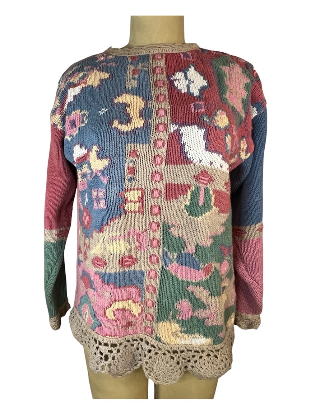 Vintage 90’s Ivy Handknit Patchwork Pastel Tunic Sweater with Crochet Hem